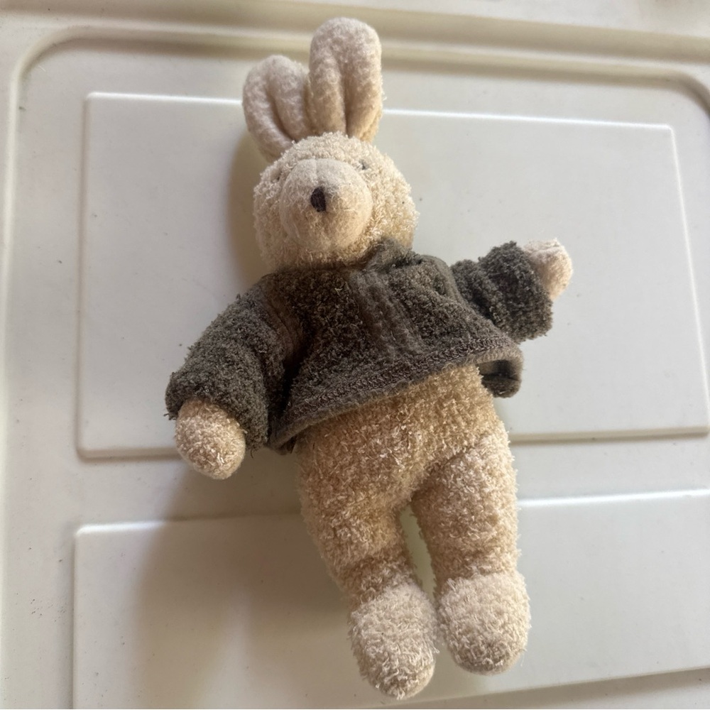 Moulin Roty Beige Bunny Plush Rattle with Gray Sweater
